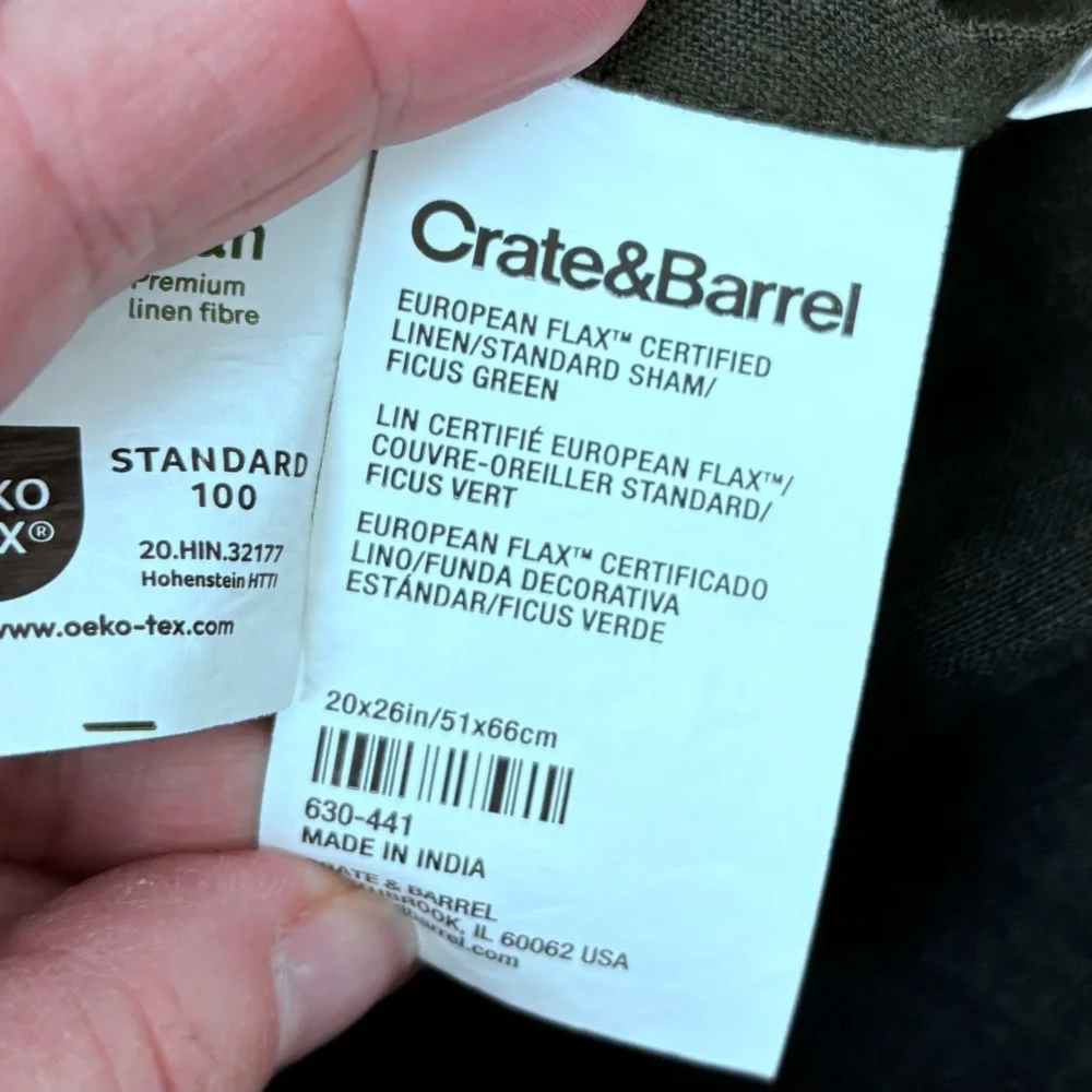 Crate & Barrel-Aire Natural European Flax Standard Pillow Shams-(2)Ficus Green